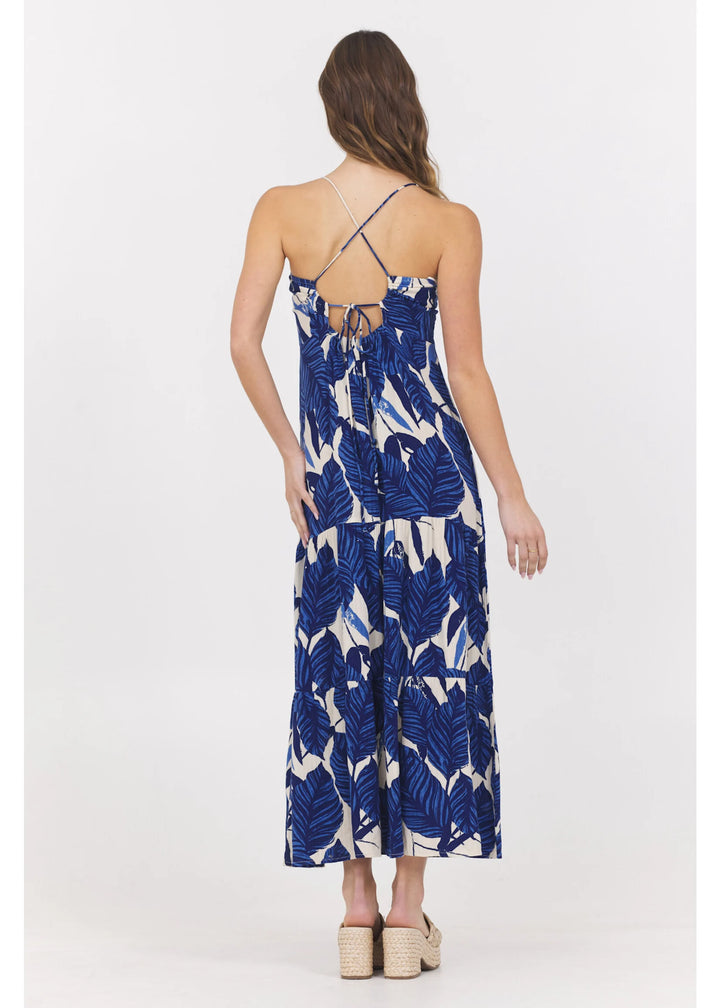 Tiered Blue Foliage Maxi Dress