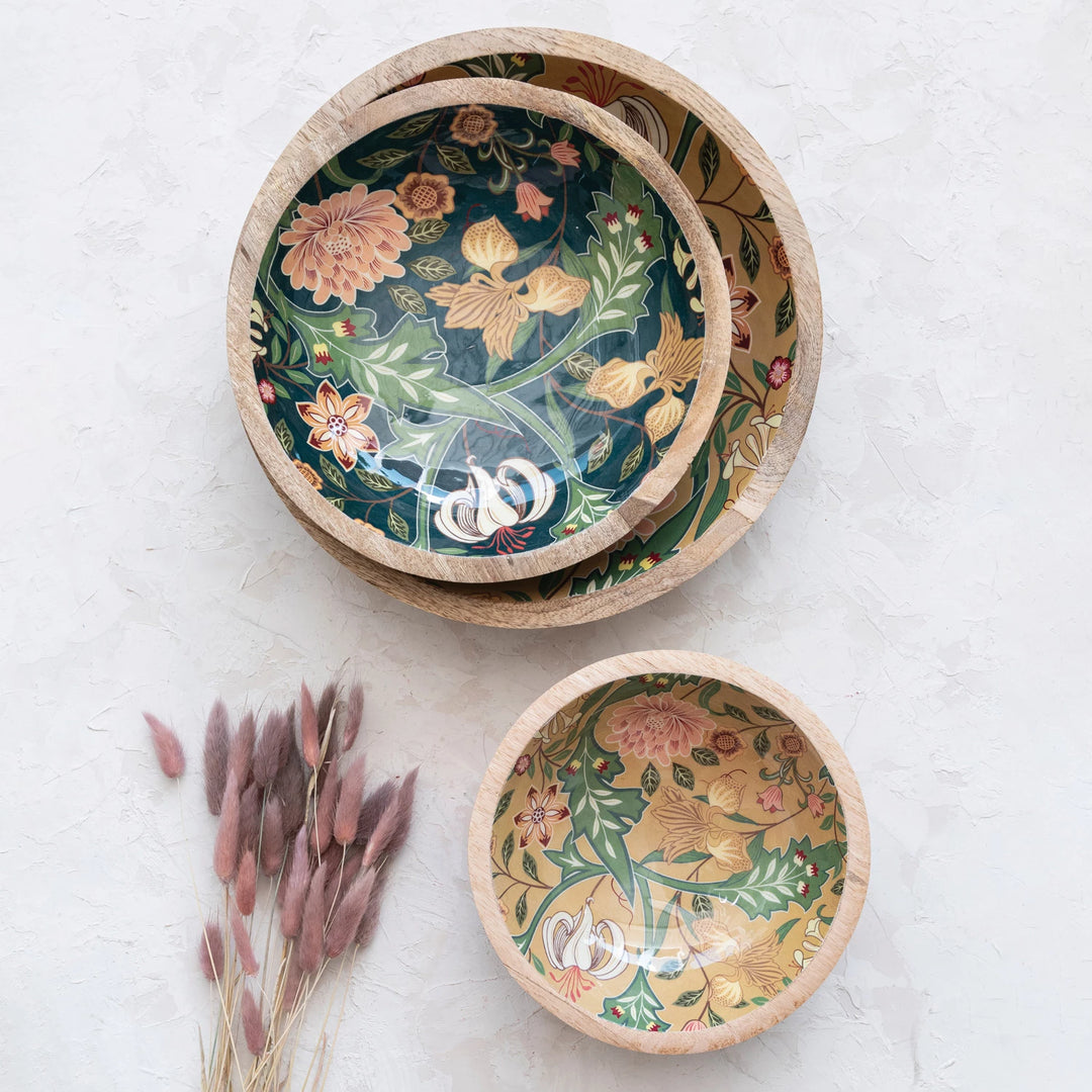Floral Enamel & Wood Bowl