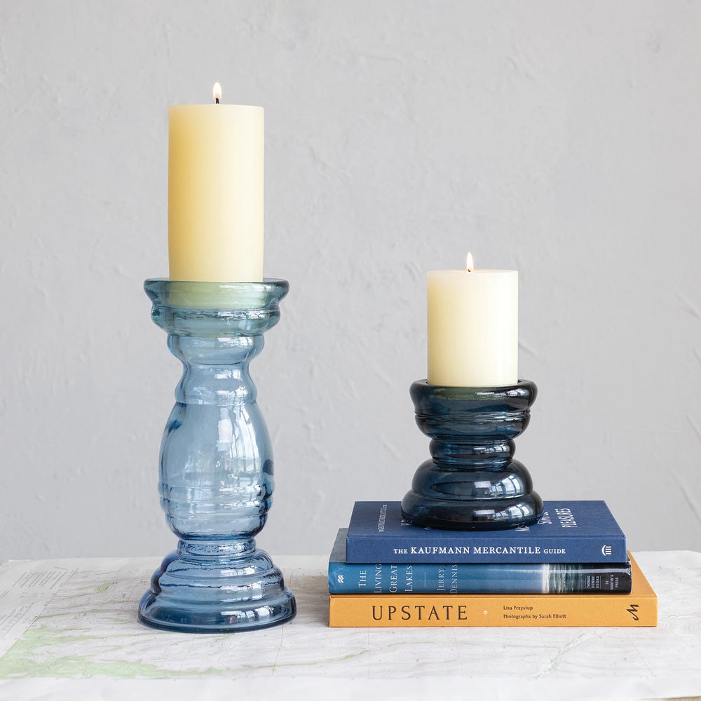 Blue Glass 11" Candle Holder - Madison's Niche 