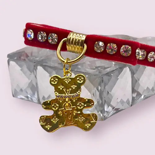 Velvet Bow Bear Charm Collar in Red - Madison's Niche 