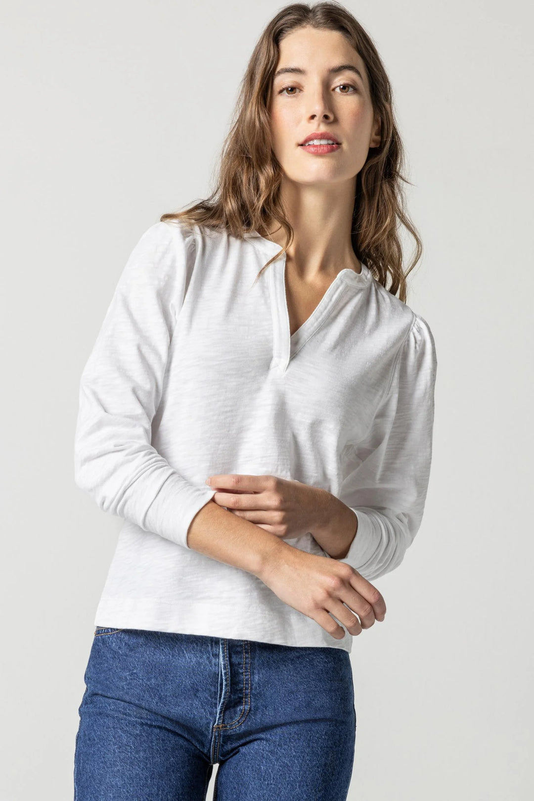 Shirred Long Sleeve Split Neck Top - Madison's Niche 