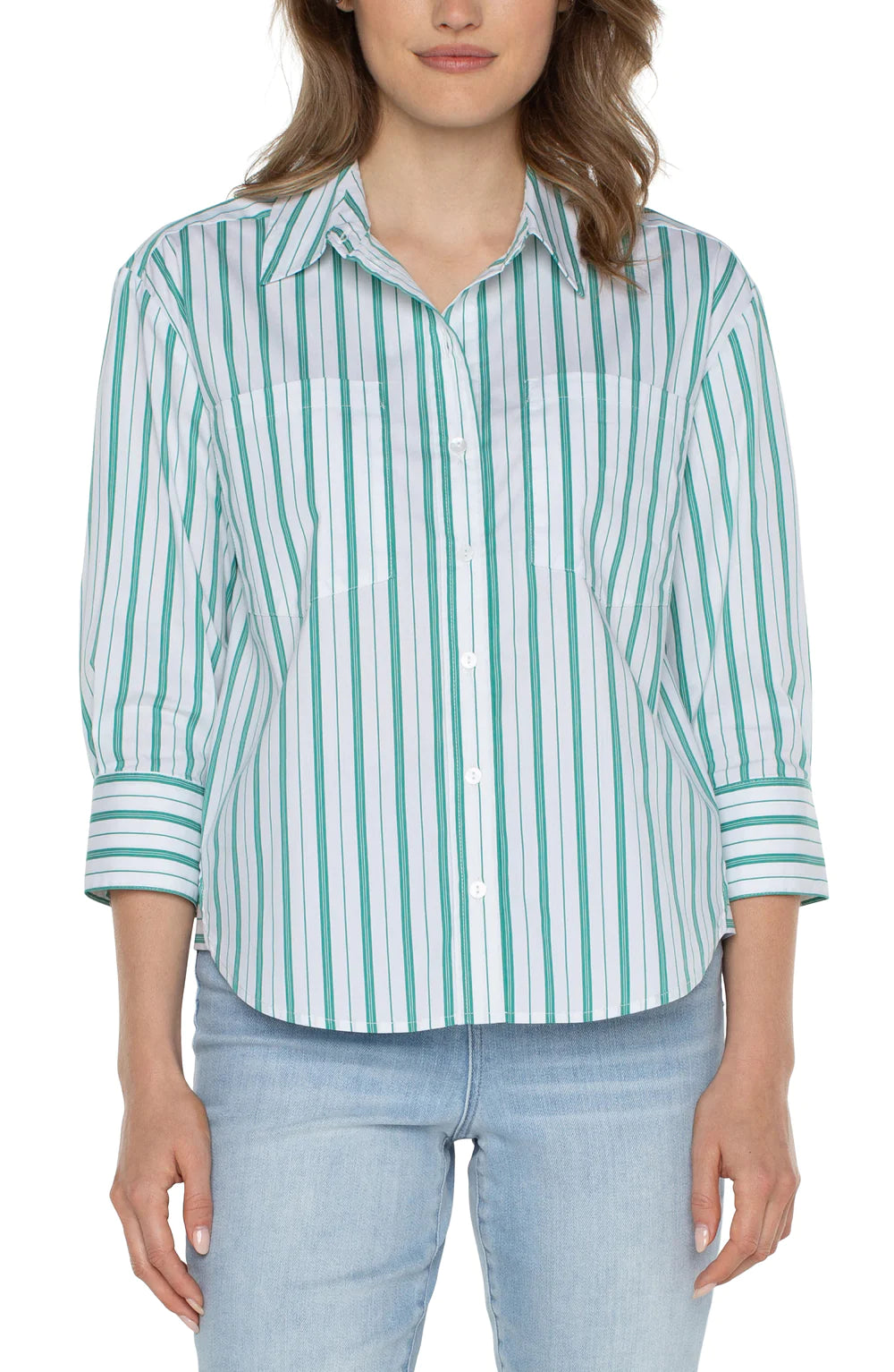 3/4 Sleeve Button Down in Green - Madison's Niche 