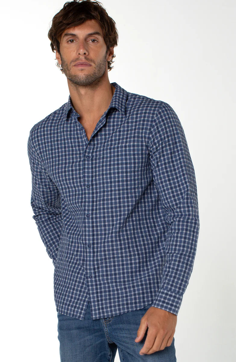 Long Sleeve Button Front Shirt in Blue White Multi
