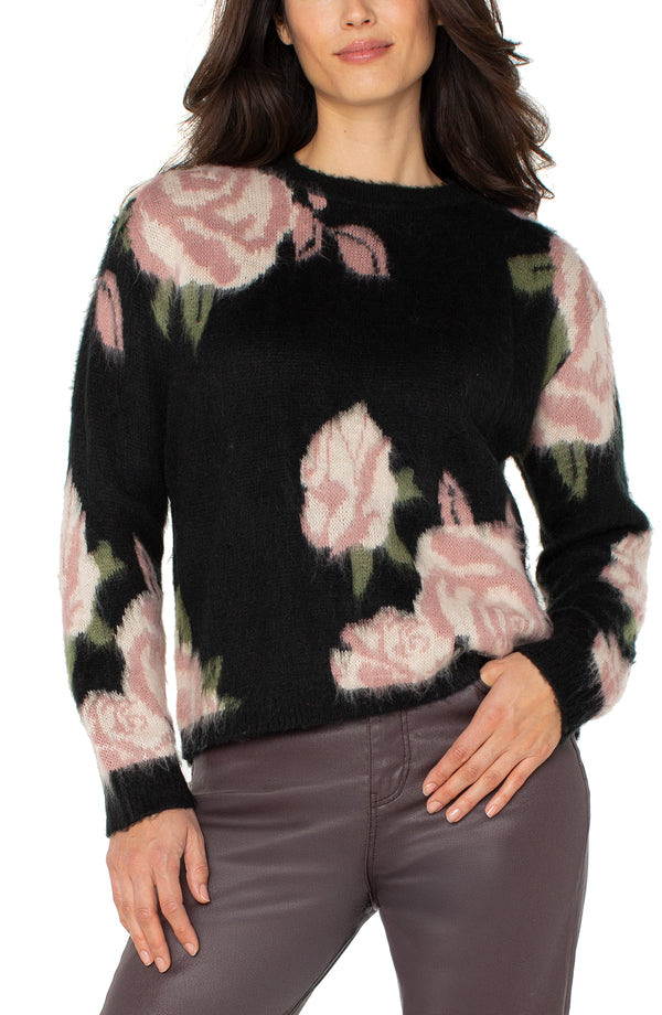 Black Floral Drop Shoulder Crew Sweater Madison's Niche 