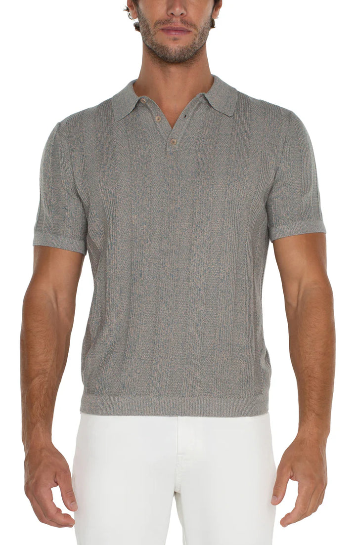 Short Sleeve Sweater Knit Polo in Teal Taupe Multi
