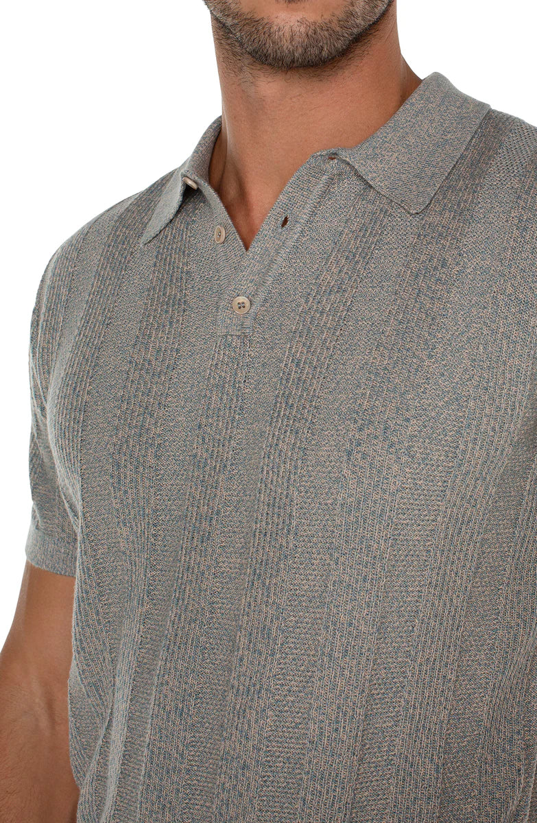 Short Sleeve Sweater Knit Polo in Teal Taupe Multi