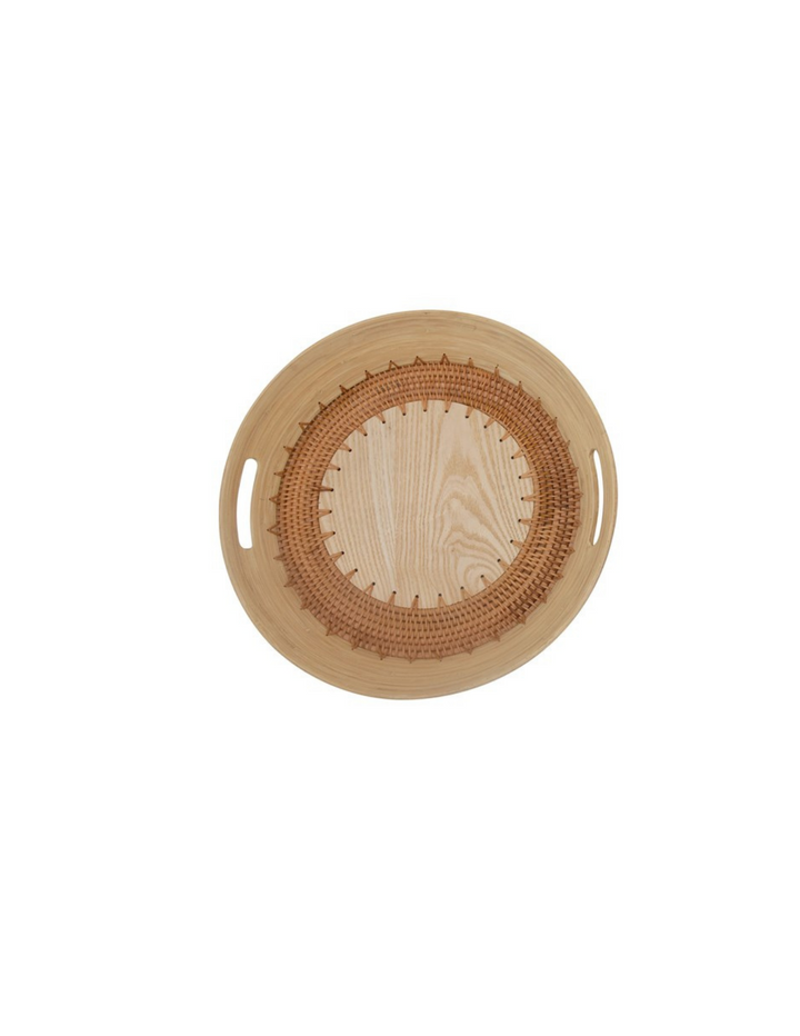 Rattan/Oak Round Tray - Madison's Niche 