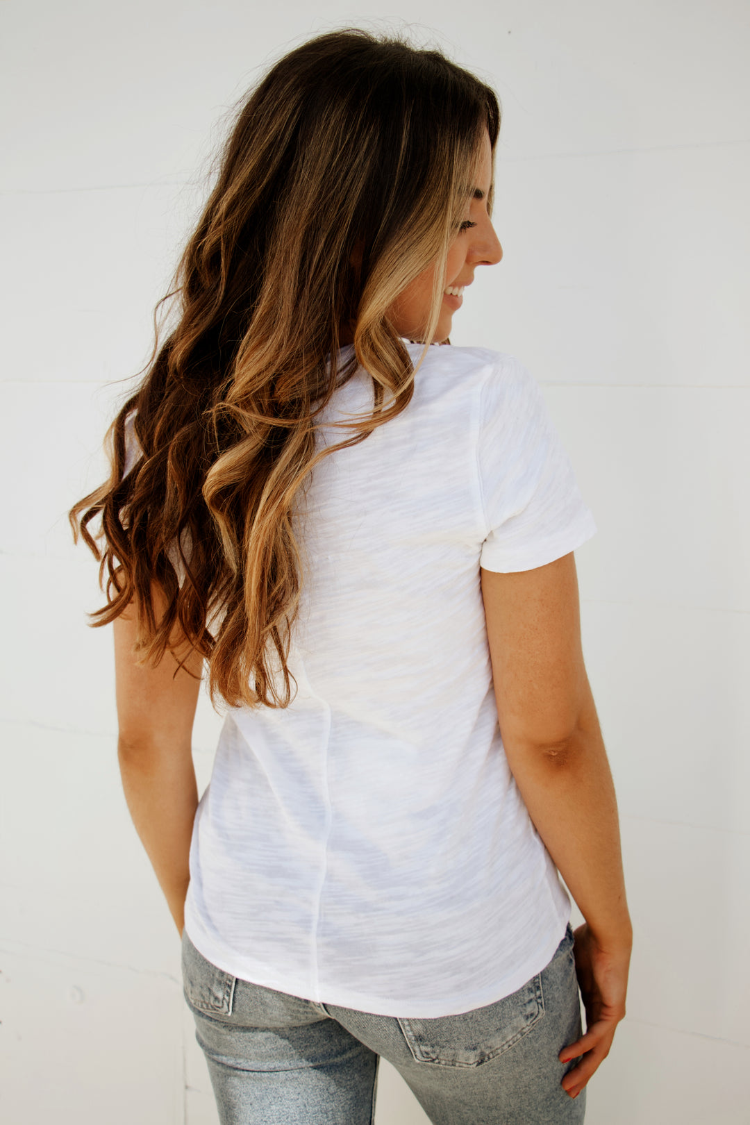 V-Neck Short Sleeve Seam Tee in White - Madison's Niche 