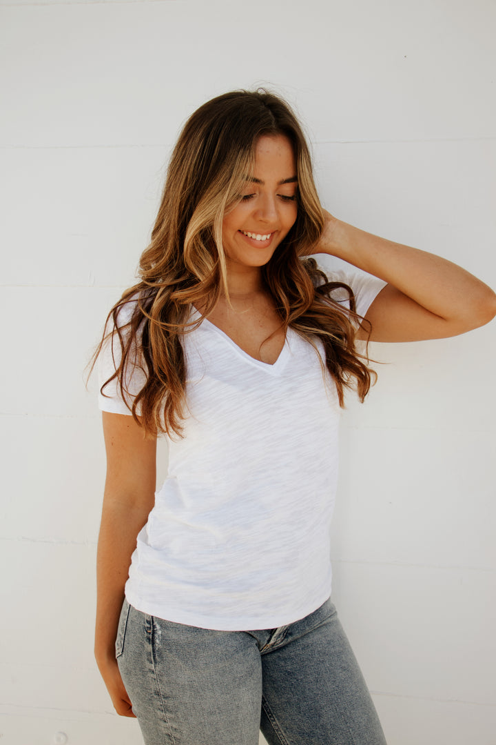 V-Neck Short Sleeve Seam Tee in White - Madison's Niche 