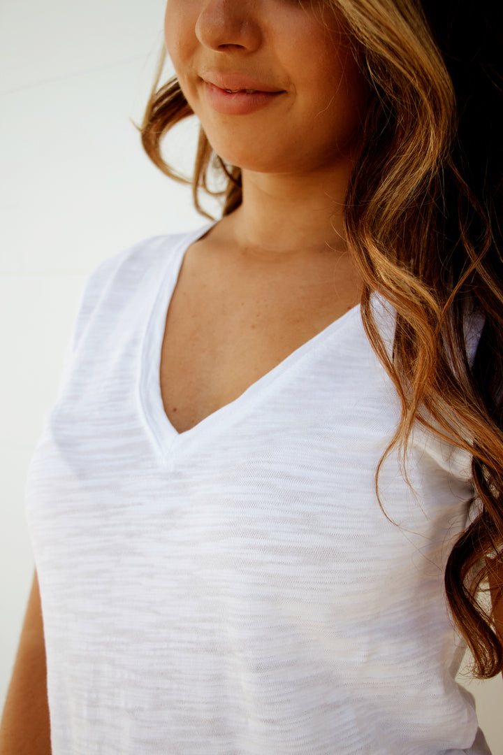 V-Neck Short Sleeve Seam Tee in White - Madison's Niche 