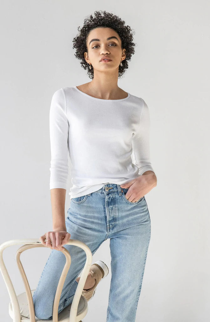 3/4 Sleeve Boatneck in White - Madison's Niche 