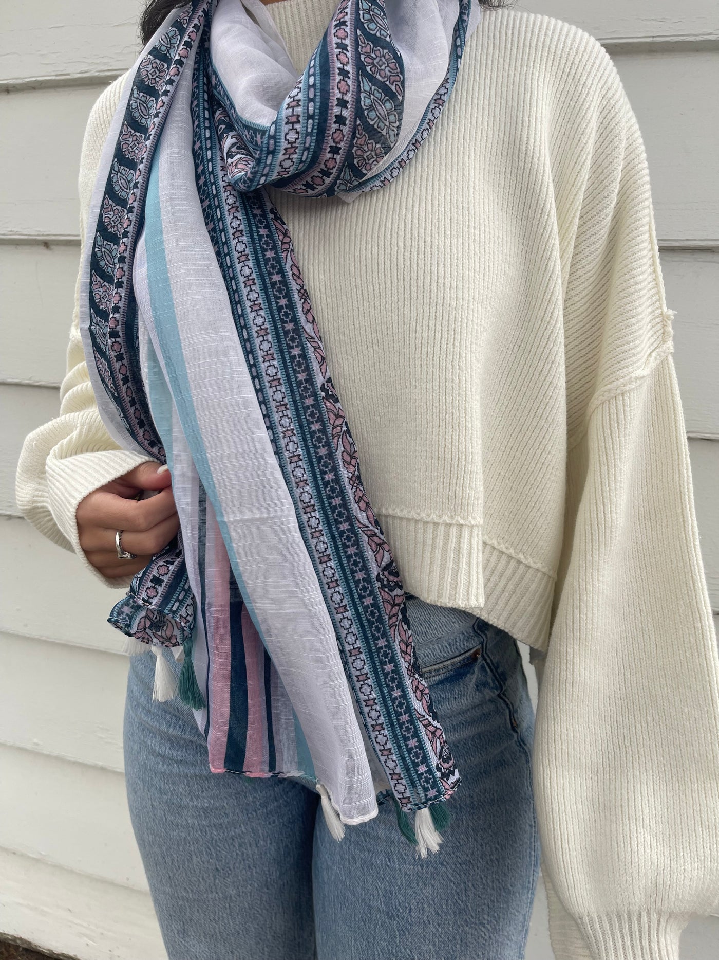 White Boho Stripe Scarf - Madison's Niche 