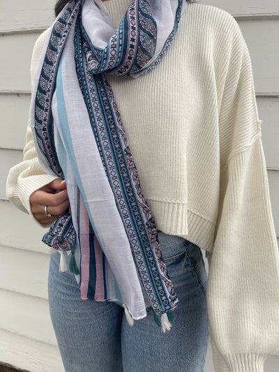 White Boho Stripe Scarf - Madison's Niche 