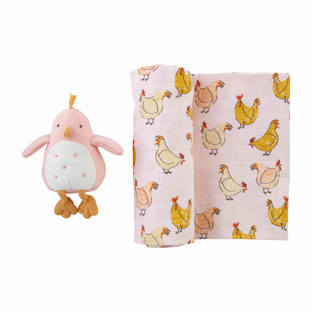 Farm Swaddle & Rattle Set in Pink | Madison's Niche