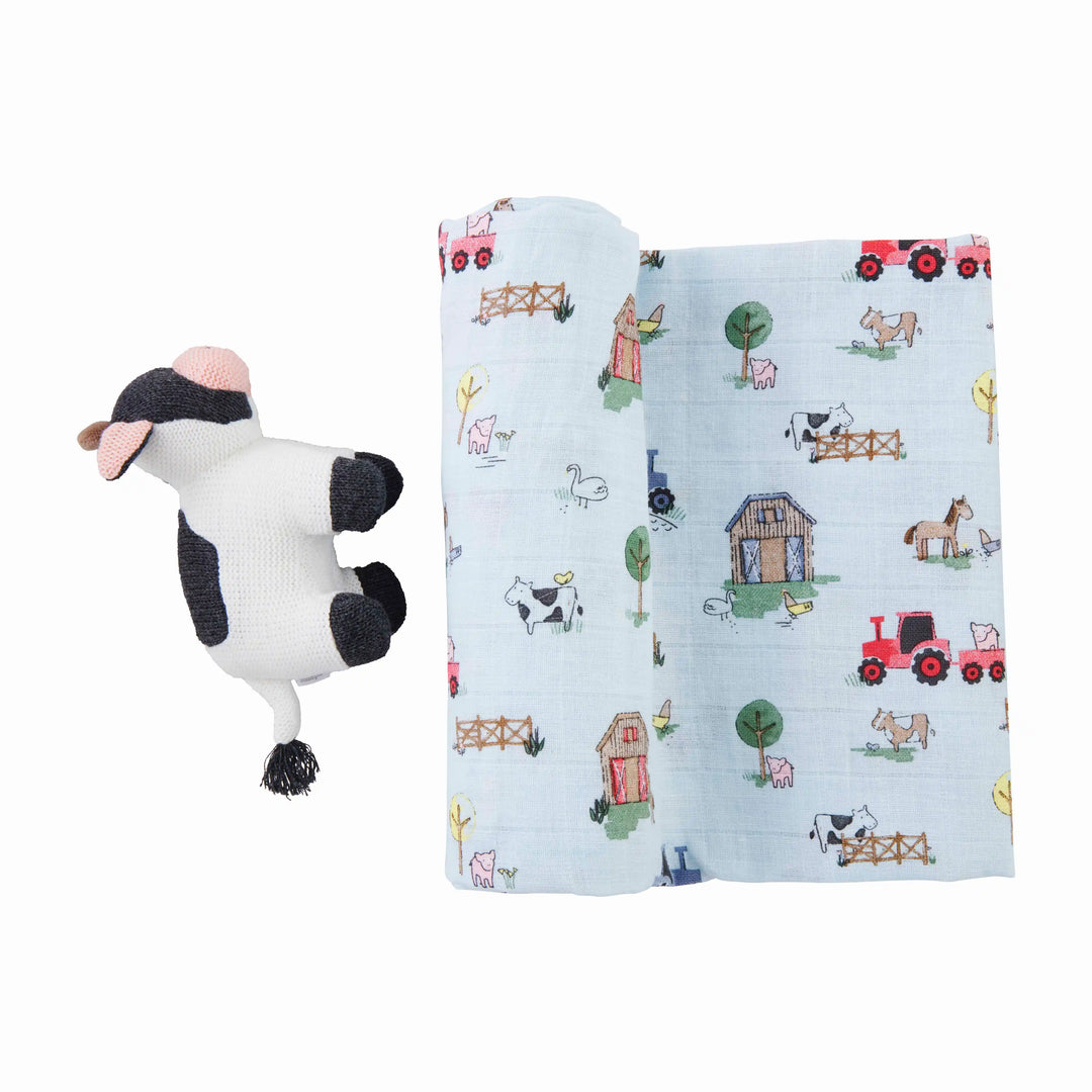 Farm Swaddle & Rattle Set in Blue - Madison's Niche 