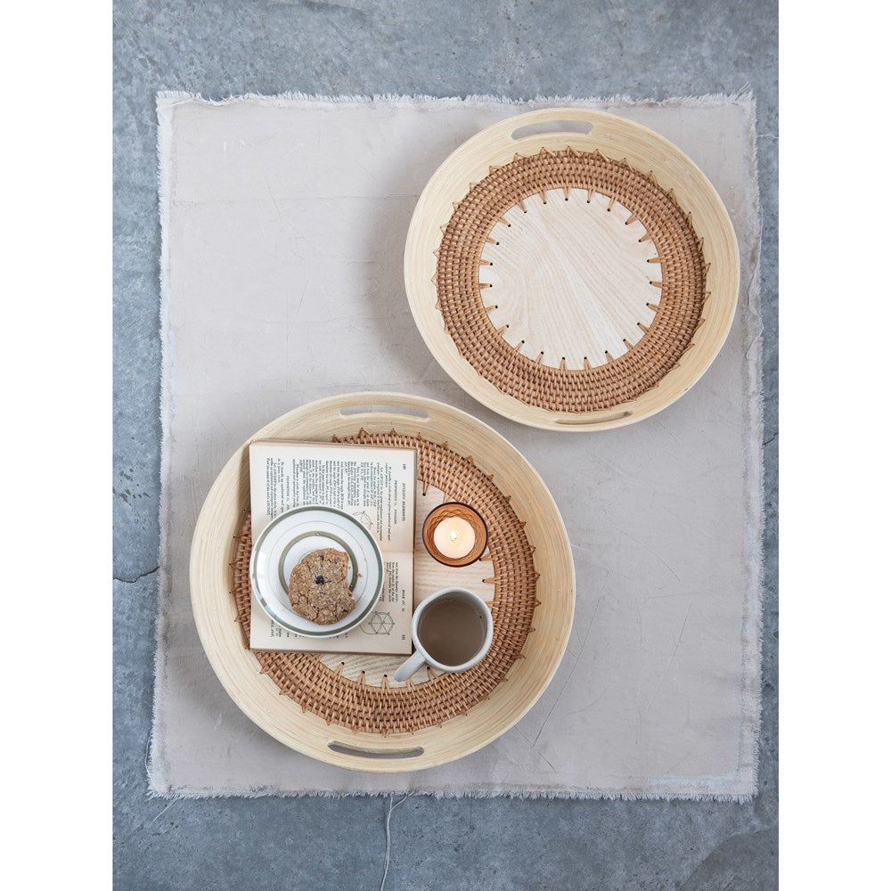 Rattan/Oak Round Tray - Madison's Niche 