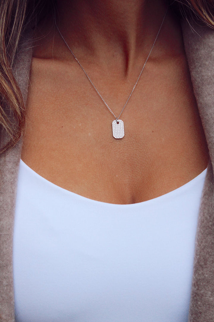 CZ Dog Tag Necklace in Silver - Madison's Niche 